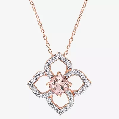 Womens Genuine Pink Morganite 18K Rose Gold Over Silver Flower 18 Inch Pendant Necklace