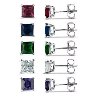 Sterling Silver 5mm Square Simulated Gemstone 5 Earring Pair Set