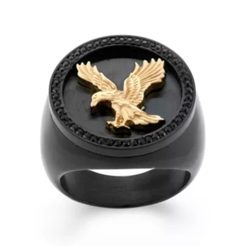 Mens Crystal Stainless Steel & Black IP Eagle Signet Ring