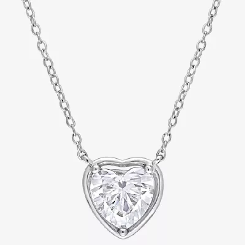 Womens Lab Created White Moissanite Sterling Silver Heart 18 Inch Pendant Necklace