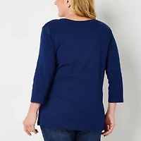 St. John's Bay Womens Plus V Neck 3/4 Sleeve T-Shirt