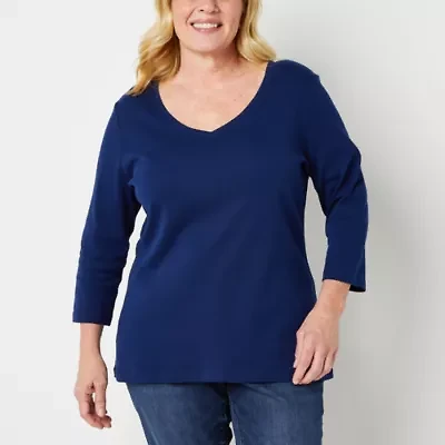 St. John's Bay Womens Plus V Neck 3/4 Sleeve T-Shirt