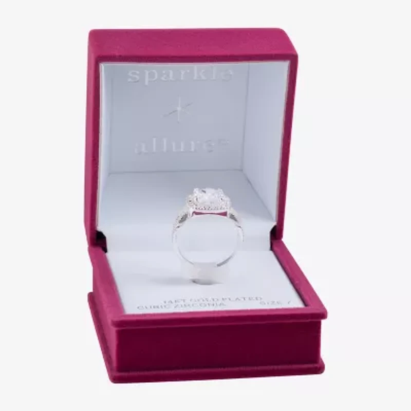 Sparkle Allure Split Shank Womens Cubic Zirconia Pure Silver Over Brass Cushion Halo Cocktail Ring