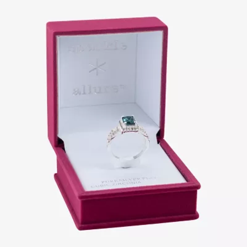 Sparkle Allure Split Shank Womens Blue Crystal Pure Silver Over Brass Halo Cocktail Ring