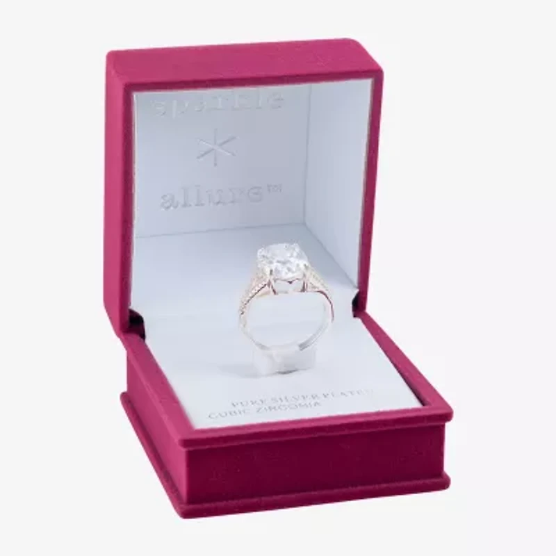 Sparkle Allure Split Shank Womens Cubic Zirconia Pure Silver Over Brass Oval Cocktail Ring