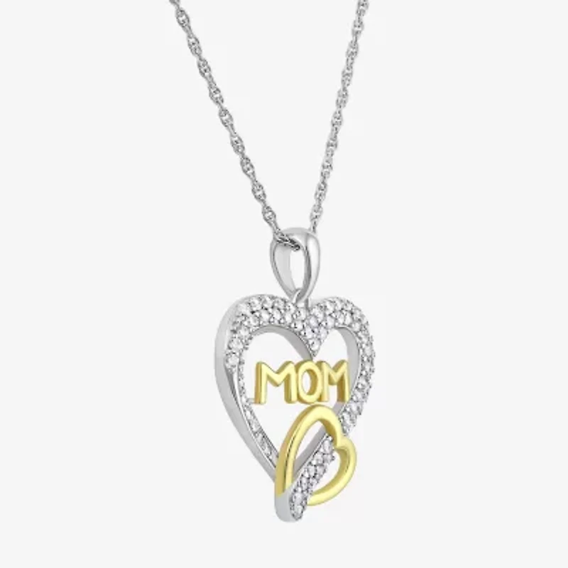 Diamonart "Mom" Womens White Cubic Zirconia Sterling Silver Heart 18 Inch Pendant Necklace
