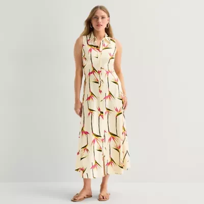 Worthington Womens Sleeveless Midi Shirt Dress