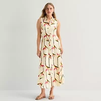 Worthington Womens Sleeveless Midi Shirt Dress