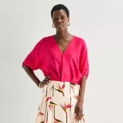 Worthington Womens V Neck Elbow Sleeve Blouse