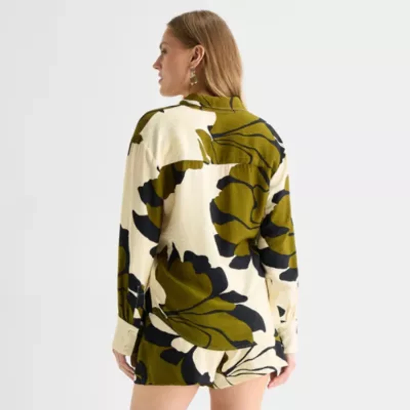 Worthington Womens Cuffed Long Sleeve Oversized Button-Down Shirt