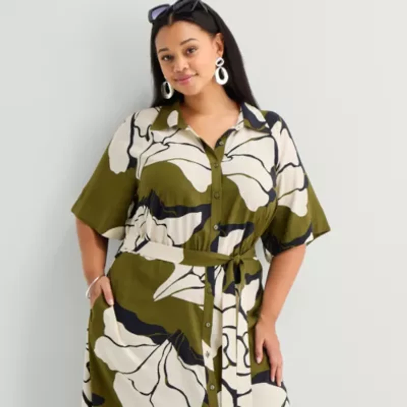 Worthington Womens Short Sleeve Tie Belt Shirt Dress