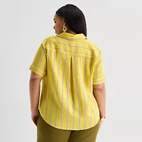 Worthington Plus Womens Cuffed Long Sleeve Slim Fit Button-Down Shirt