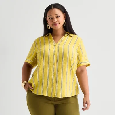 Worthington Plus Womens Cuffed Long Sleeve Slim Fit Button-Down Shirt