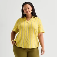 Worthington Plus Womens Cuffed Long Sleeve Slim Fit Button-Down Shirt