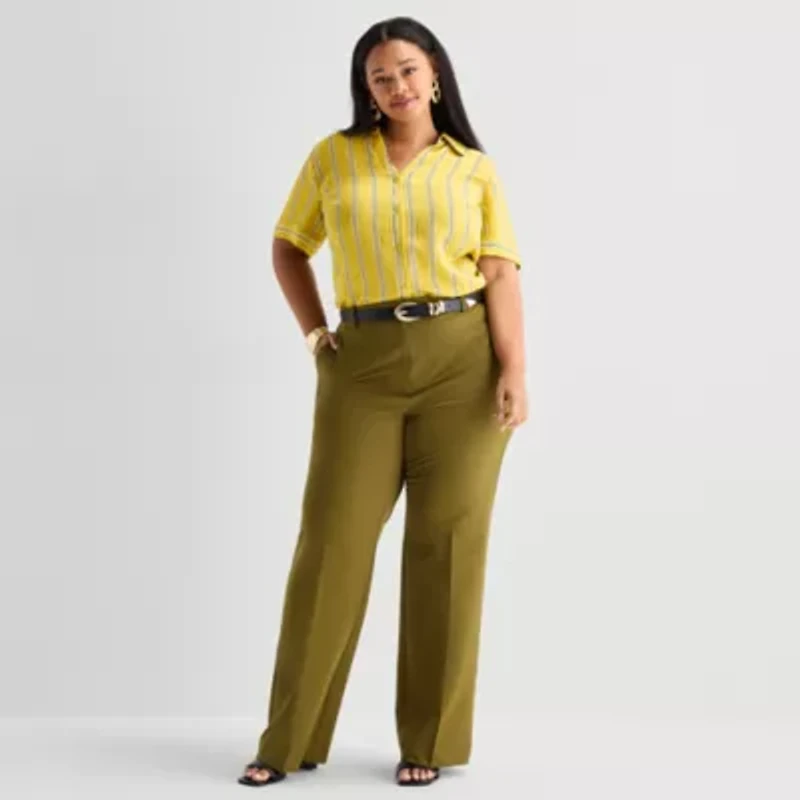 Worthington Plus Womens Cuffed Long Sleeve Slim Fit Button-Down Shirt