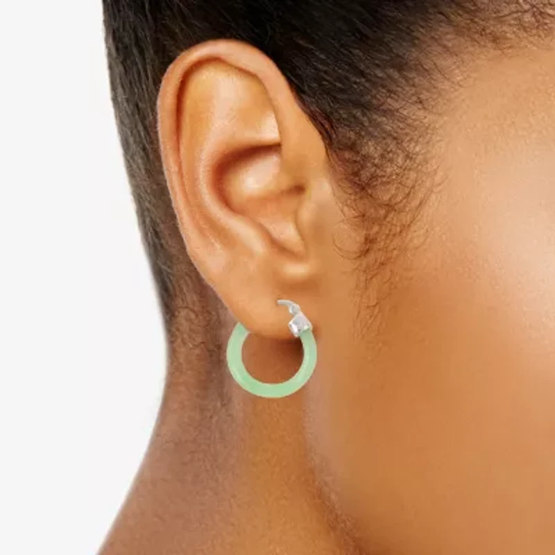 Womens Genuine Green Jade Sterling Silver 20mm Round Hoop Earrings