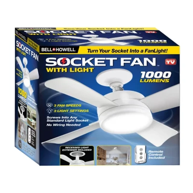 Bell + Howell Socket Fan Ceiling with Light, Screw into Any Light Socket, with Remote Control