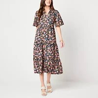 Jessica Howard Womens Short Sleeve Floral Midi Fit + Flare Dress