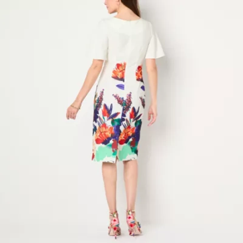 Maya Brooke Womens Short Sleeve Floral Sheath Dress