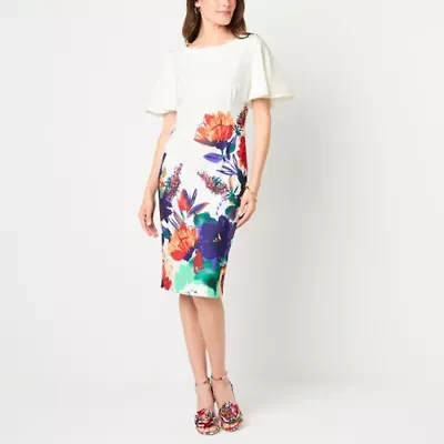 Maya Brooke Womens Short Sleeve Floral Sheath Dress