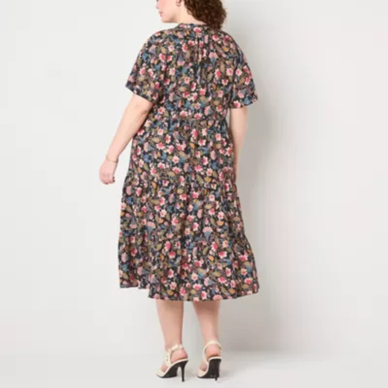 Jessica Howard Womens Short Sleeve Floral Midi Plus Fit + Flare Dress