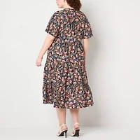 Jessica Howard Womens Short Sleeve Floral Midi Plus Fit + Flare Dress