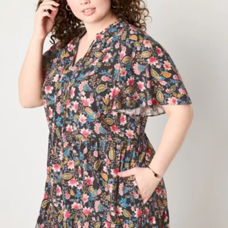 Jessica Howard Womens Short Sleeve Floral Midi Plus Fit + Flare Dress