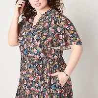 Jessica Howard Womens Short Sleeve Floral Midi Plus Fit + Flare Dress
