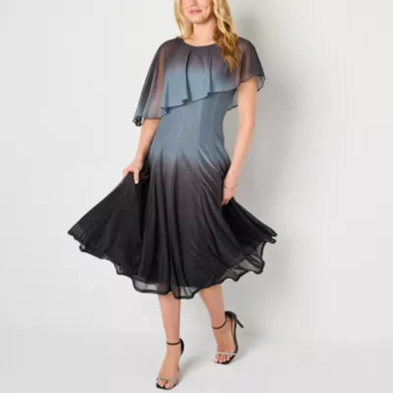 Danny & Nicole Womens Short Sleeve Ombre Midi Fit + Flare Dress