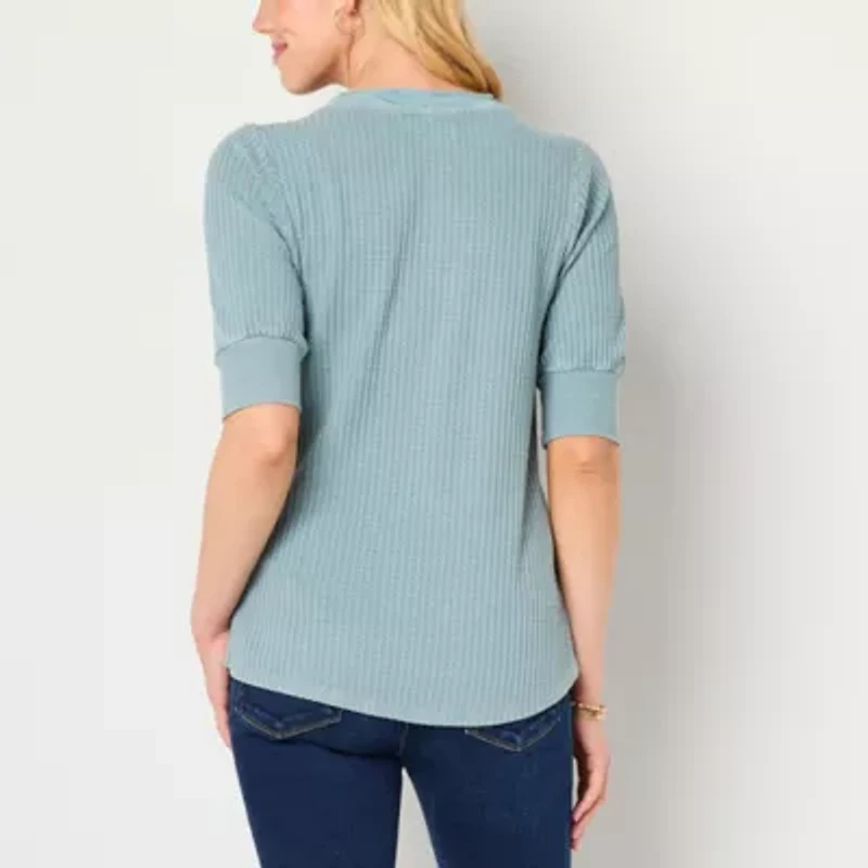 Frye and Co. Womens Henley Neck Elbow Sleeve Blouse