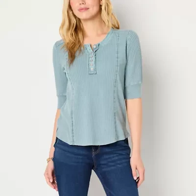 Frye and Co. Womens Henley Neck Elbow Sleeve Blouse