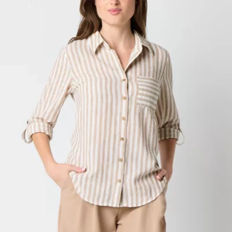 by&by Womens 3/4 Sleeve Roll Tab Regular Fit Juniors Button-Down Shirt