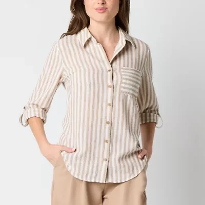 by&by Womens 3/4 Sleeve Roll Tab Regular Fit Juniors Button-Down Shirt