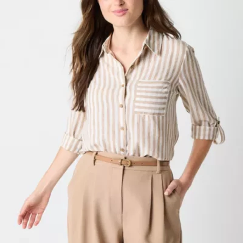by&by Womens 3/4 Sleeve Roll Tab Regular Fit Juniors Button-Down Shirt