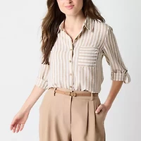 by&by Womens 3/4 Sleeve Roll Tab Regular Fit Juniors Button-Down Shirt