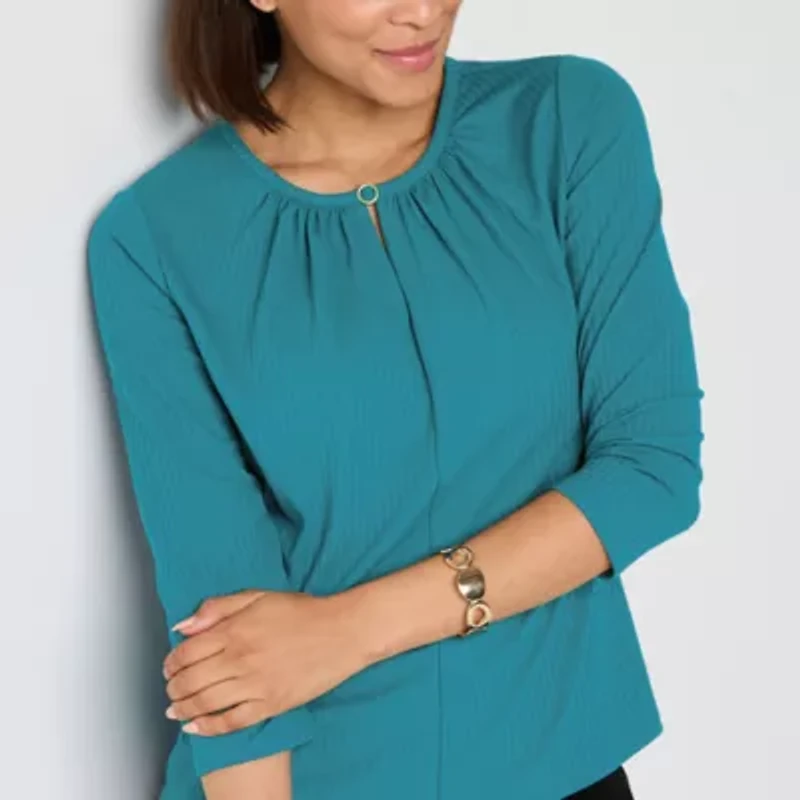 Liz Claiborne Womens Crew Neck 3/4 Sleeve Blouse