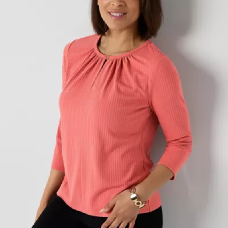 Liz Claiborne Womens Crew Neck 3/4 Sleeve Blouse