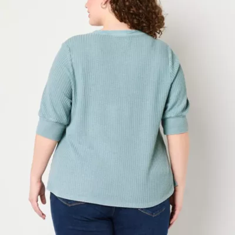 Frye and Co. Plus Womens Elbow Sleeve Henley Shirt