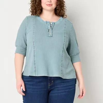 Frye and Co. Plus Womens Elbow Sleeve Henley Shirt