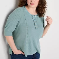 Frye and Co. Plus Womens Elbow Sleeve Henley Shirt