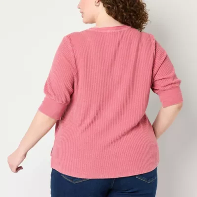 Frye and Co. Plus Womens Elbow Sleeve Henley Shirt