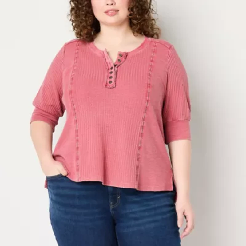Frye and Co. Plus Womens Elbow Sleeve Henley Shirt