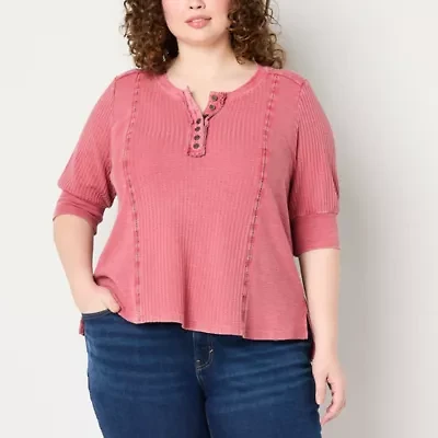 Frye and Co. Plus Womens Elbow Sleeve Henley Shirt