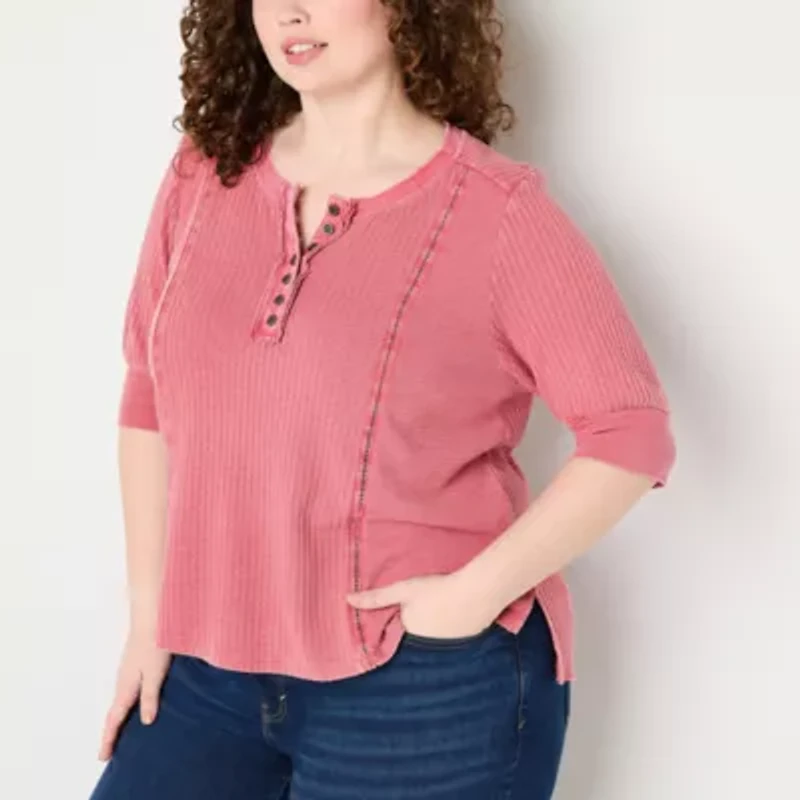 Frye and Co. Plus Womens Elbow Sleeve Henley Shirt