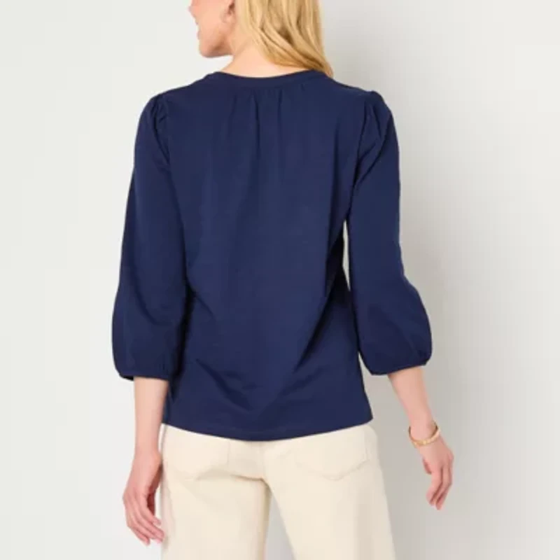 St. John's Bay Womens Split Crew Neck 3/4 Sleeve Blouse