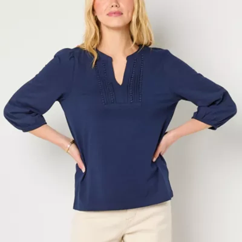 St. John's Bay Womens Split Crew Neck 3/4 Sleeve Blouse
