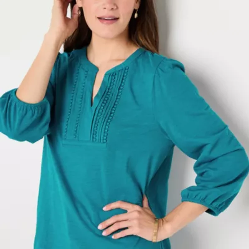 St. John's Bay Womens Split Crew Neck 3/4 Sleeve Blouse