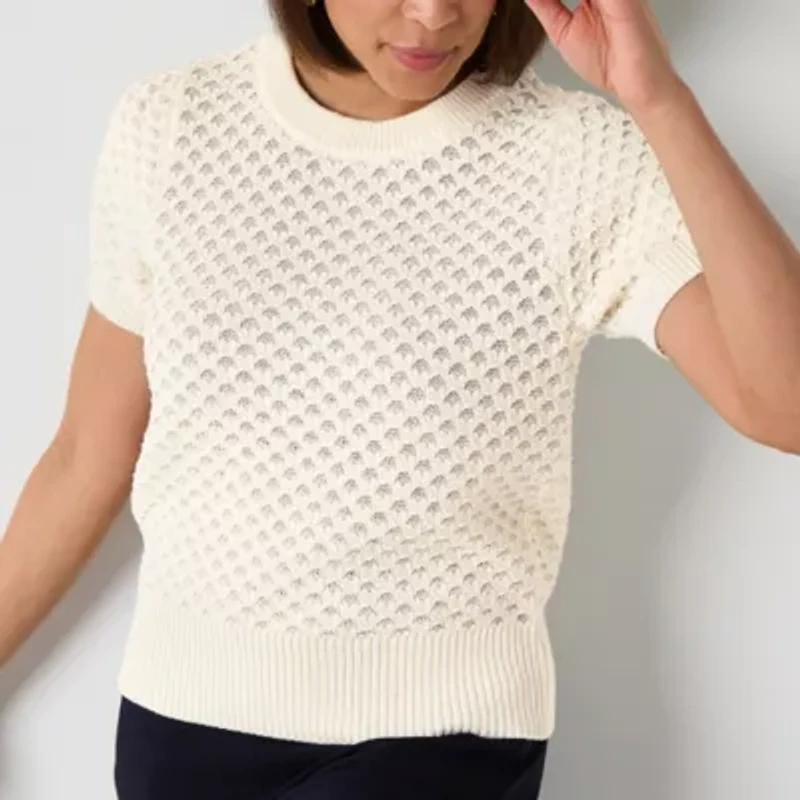 Liz Claiborne Womens Crew Neck Short Sleeve Pullover Sweater