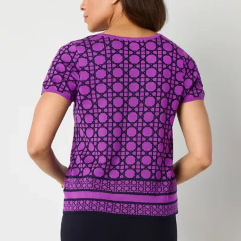 Liz Claiborne Womens Crew Neck Short Sleeve Geometric Pullover Sweater