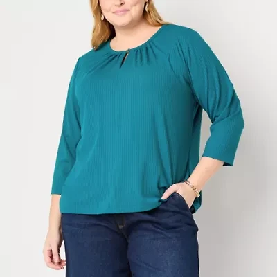 Liz Claiborne Womens Crew Neck 3/4 Sleeve Plus Blouse